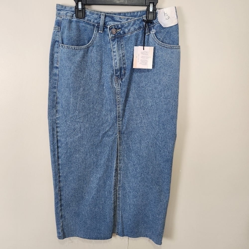 Happily Gray Denim High Front Slit Midi Light Weight Wash Raw Hem Size 7/27